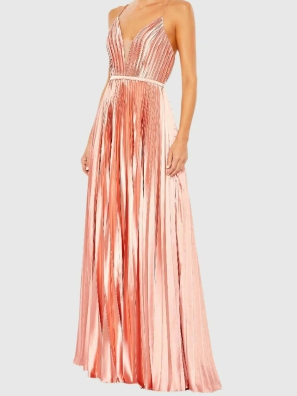 NWT Mac Duggal 49039 Plunge Neck Pleated Evening Gown Size 2 Rosw Gold